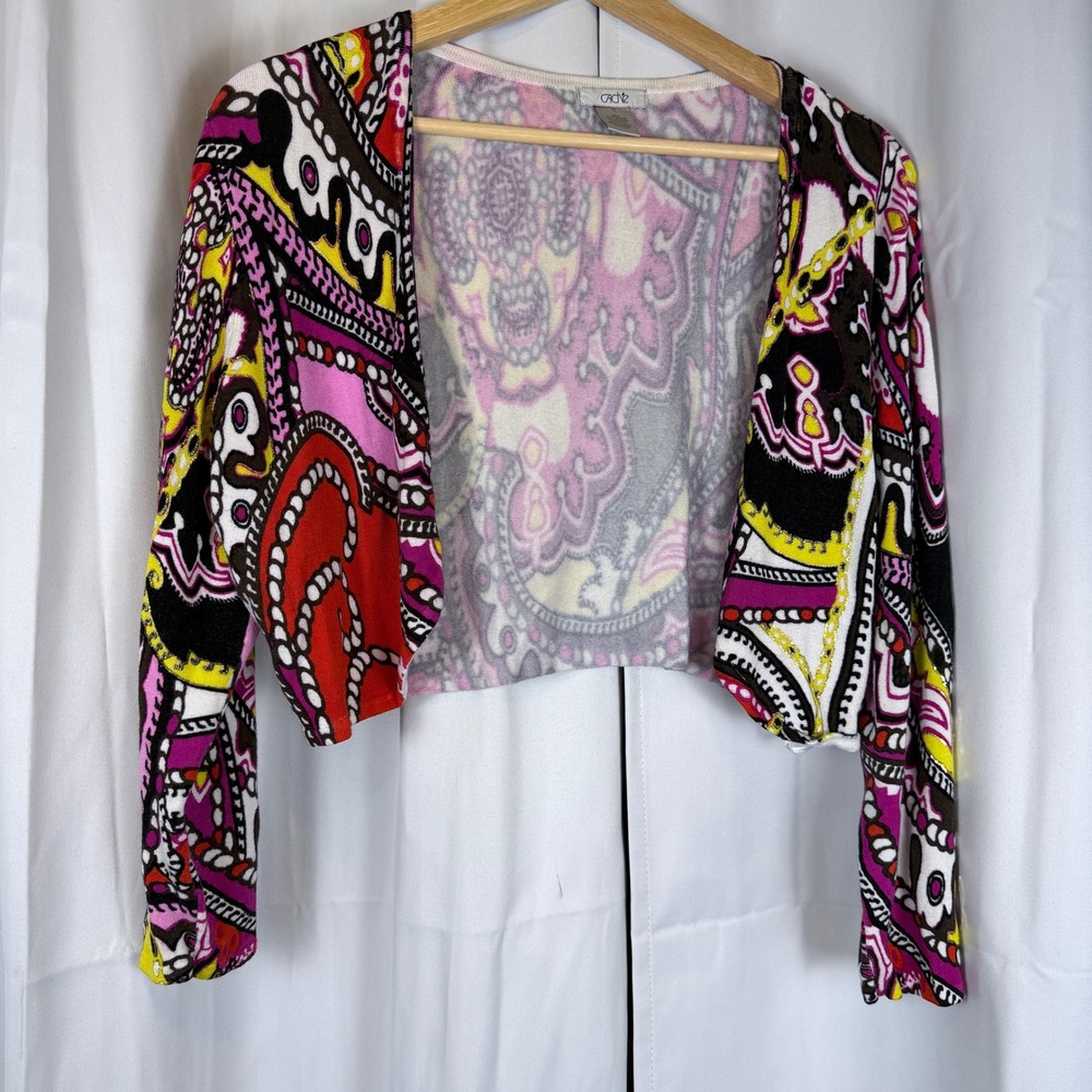 Cache Women Pink Multi Paisley Cropped Shrug Cardigan Long Sleeve Size L